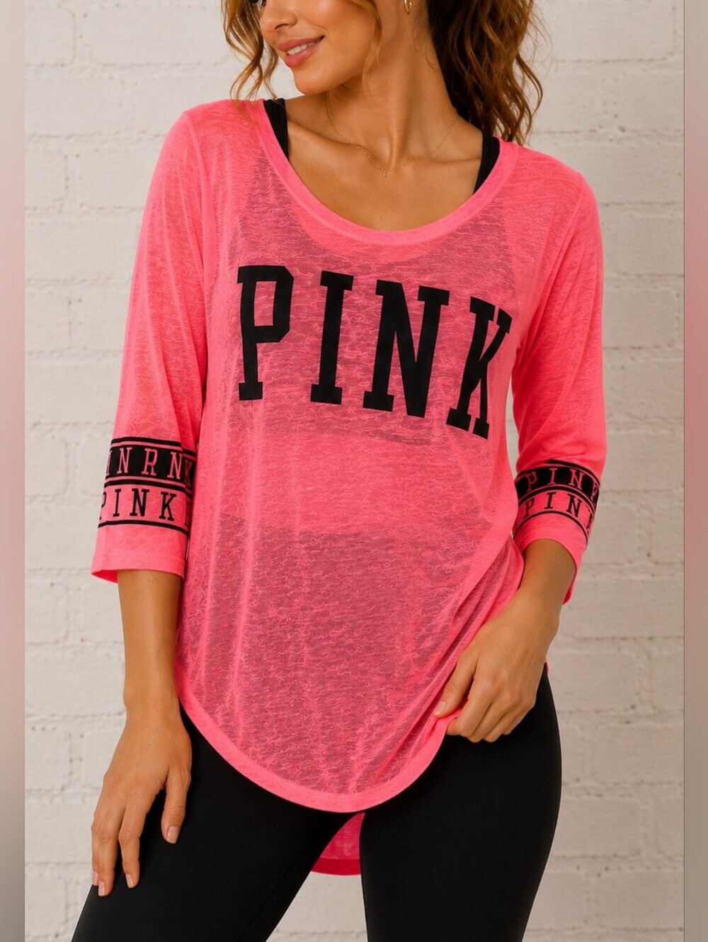 PINK Victorias Secret Womens Medium Neon Pink Sheer Logo Y2K 3/4 Sleeve Top